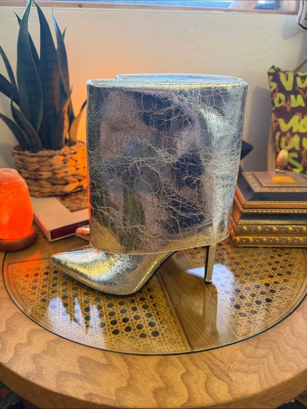 Metallic Silver Pointed Stiletto Ankle Boots - Picture 3 of 7